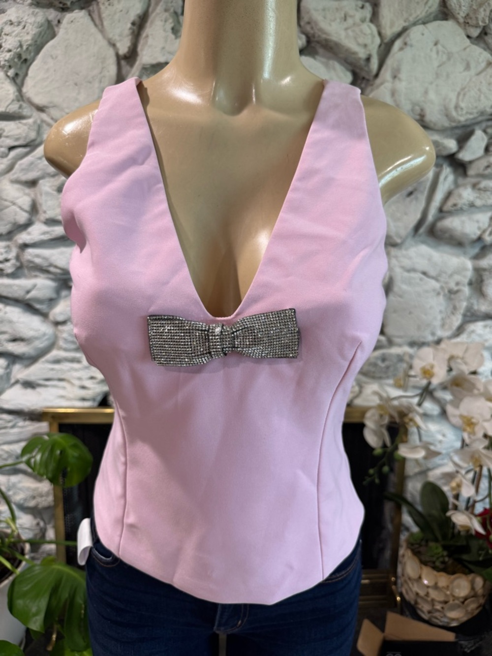 Pink V-Neck Bow Embellished Tank
